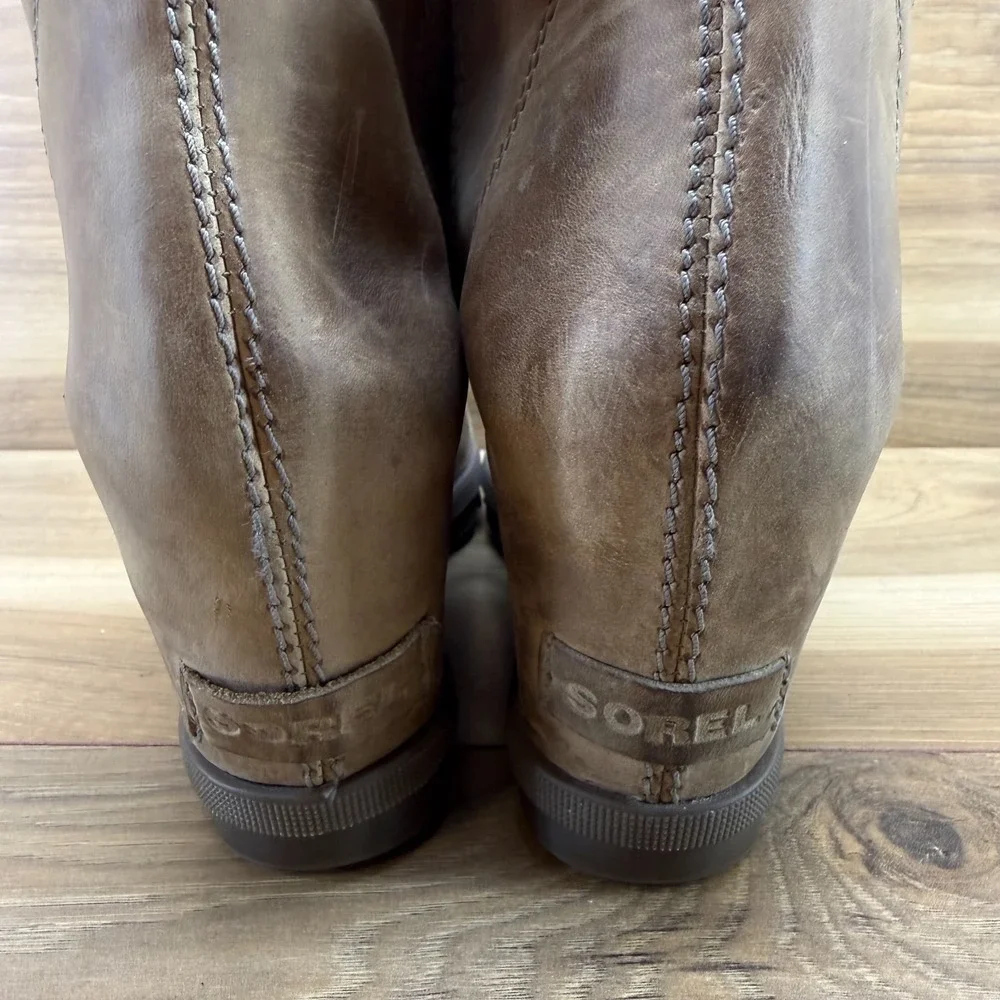 Sorel Joan Of Arctic Wedge Boots 9 Beige Leather Waterproof Modern Minimalist